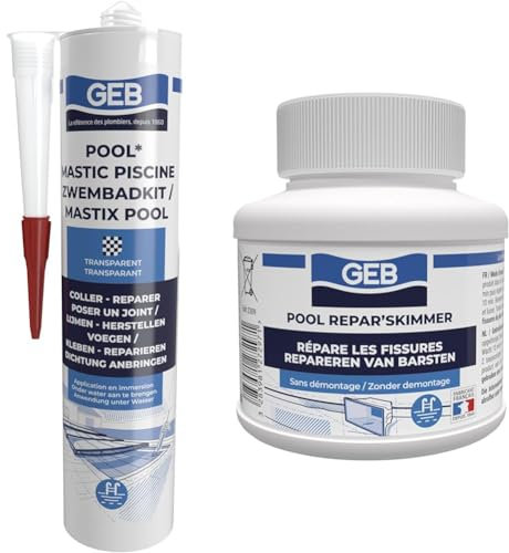 GEB Mastic étanche spécial piscine Transparent 290 ml pour coller, jointoyer et réparer & Réparation skimmer de piscine, buse de refoulement, bonde de fond et toutes pièces en ABS