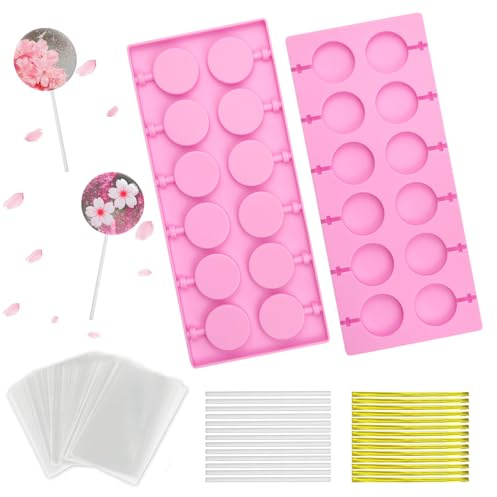 POPAPIE 2 Pezzi Stampo in Silicone per Lecca-lecca Silicone Lollipop Mold con 100 Caramelle Bastoncino Rotondi in Silicone Lollipop Stampo per Fare Gelatina Cioccolato Lecca (Rosa)
