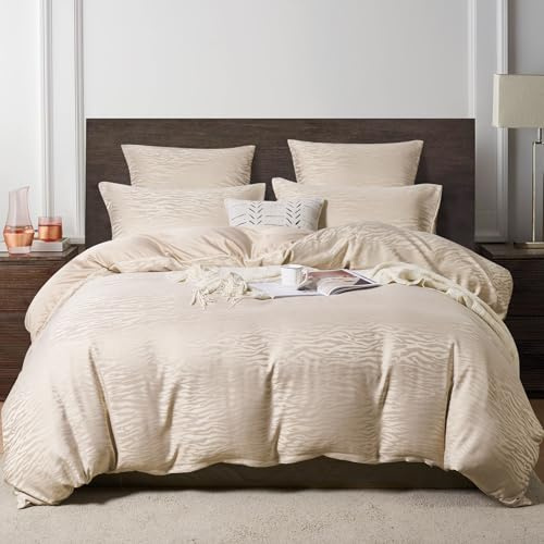 YASMENG Copripiumino in Raso 220x240 Beige Oro Jacquard Stampato Leopardo Parure da Letto in Raso Morbido Brillante Deluxe Seta Biancheria da Letto per Adulti con Cerniera con Federe 65x65 cm