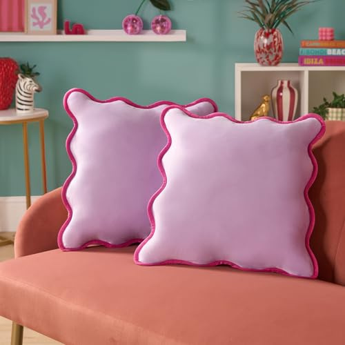 OHS Scallop Edge Cushion Covers 2 Pack, Soft Velvet Fabric Decorative Sofa Pillowcases with Hidden Zipper For Any Room, Pink/Lilac - 45x45cm