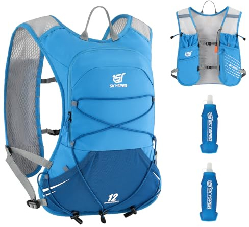 SKYSPER Laufweste für Damen Herren, 12L Laufrucksack Trinkweste Laufen mit 2 Trinkflaschen 500ml Laufjacke für Joggen Running Marathon Trailrunning