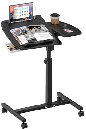 EXSELTMAN Tavolino da Letto con 4 Ruote, 60x40, Comodino Altezza Regolabile in Altezza 59-89cm, Tavolo da Caffè Carrello in Legno Metallo per Soggiorno Camera da Letto Ufficio