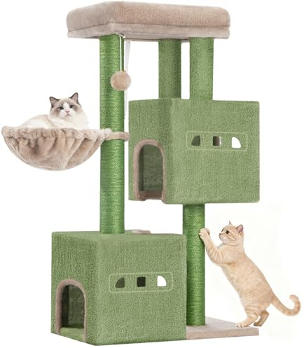 Hzuaneri Tiragraffi per Gatti, 98 cm Albero Tiragraffi per Gatti con 2 Grotte per Gatto, 3 pali in sisal, Trespolo di Peluche, Cestino, Verde MS10018AG