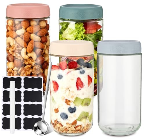 ALEXPRE 4 PCS Overnight Oats Containers with Lids, 750ML/25oz Glass Overnight Oats Jars with Lids, Mason Salad Jars, Glass Food Storage For Overnight oats, Yoghurt, Jam, Snacks, Spices