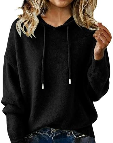 Maglione da donna in cashmere con cappuccio, con scollo a V, maglia a coste, a maniche lunghe, casual, a maglia, Nero , XL