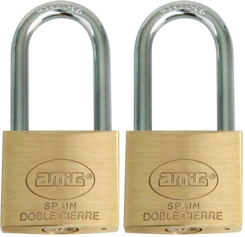 Amig - Candado de seguridad - Incluye 2 llaves - Arco largo - Latón y arco de Acero tratado - Para taquillas de gimnasio, puertas, armarios, maletas, mochilas - Doble cierre - Ancho: 50 mm