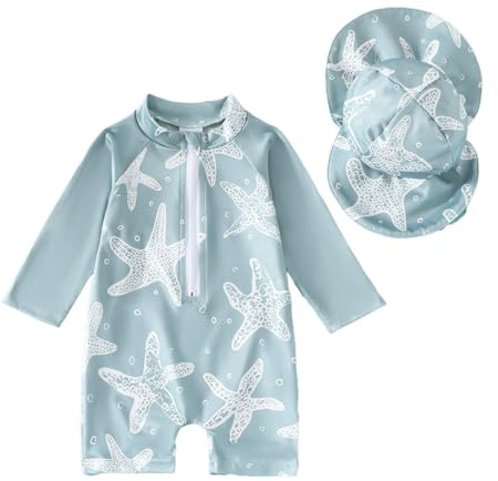 JENJON Traje de Baño de Una Pieza para Niños Manga Larga con Estampado Protección UV, Protector contra Erupciones Cutáneas y Gorro 2 Piezas Conjunto Estrella de mar Verde 18-24 Meses