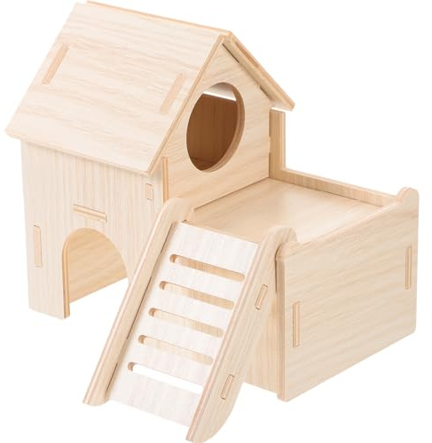 Cabilock Casa de Madera Natural para Hámsters y Pequeños Roedores, Escondite Doble de 2 Niveles, Suministros para Mascotas, Cabaña Segura y Resistente para Jaula, Accesorio para Ejercicio