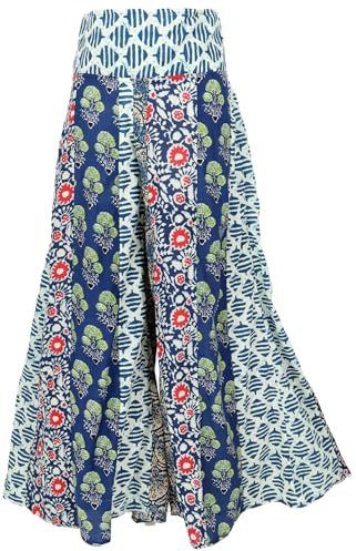 GURU SHOP Patchwork Palazzohose, Hippie Chic Schlaghose, Boho Hosenrock - Blau, Damen, Baumwolle