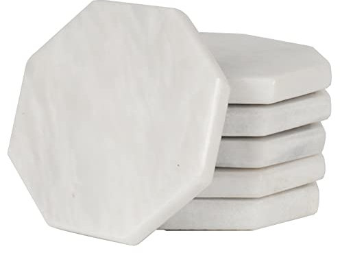 Lot de 6 dessous de verre faits à la main en marbre pour tasse en verre et boissons - Non plastique et carrelage - Idéal pour la voiture et l'extérieur blanc