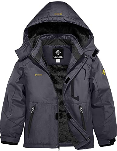 GEMYSE Bambini Giacca da Sci Impermeabile Pile Antivento Giacche Ragazzi invernale Cappotto con Cappuccio (Grigio Ferro 01,152-158)