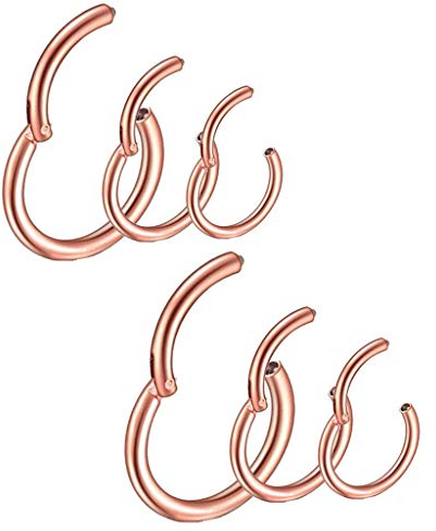 6 anelli da naso in acciaio inox, 6/8/10 mm, 16 g, oro rosa, da donna, per uomo, setto e naso, per labbra, colore oro rosa, per uomini e donne