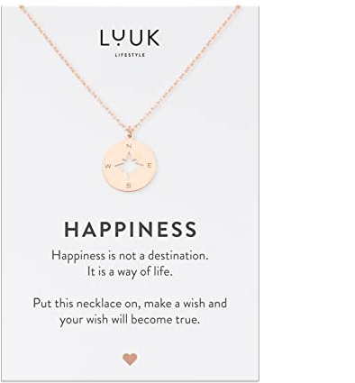 LUUK LIFESTYLE Collier en acier inoxydable avec pendentif boussole, carte HAPPINESS, porte-bonheur, chaîne réglable, cadeau petite amie, rose