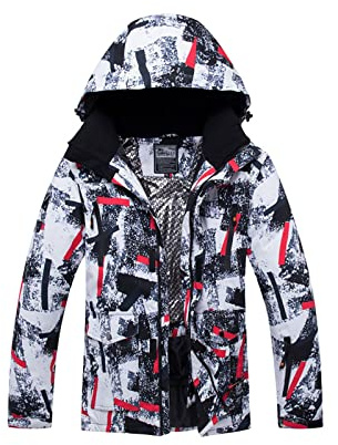Giacca da snowboard antivento da uomo, moda all'aperto traspirante impermeabile nero rosso a righe con cappuccio giacca da sci, per l'escursionismo Sport di montagna Snowboard Ski Top (Color : Red,