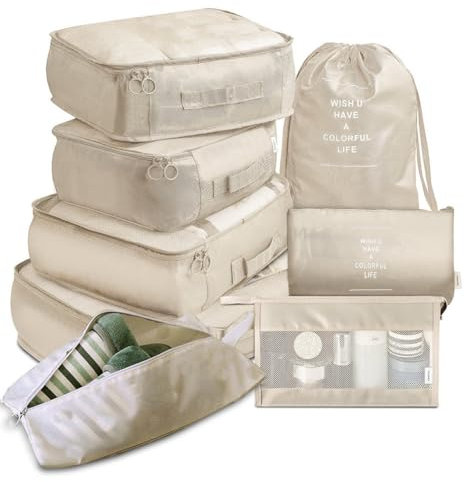 QUMENEY 8 Teilige Koffer Organizer Set Packing Cubes Wasserdichte Reise Kleidertaschen Schuhbeutel Reiseorganizer Travel Essentials Packtaschen für Koffer (Beige)