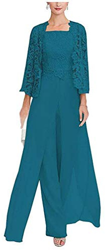 Vestido de gasa de 3 piezas para mujer, traje de madre de la novia, pantalones con chaqueta de cuentas, traje de boda, vestido de noche, Teal, 52