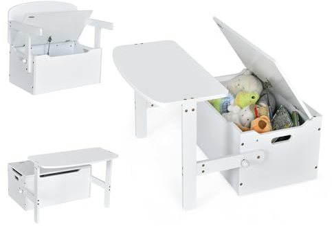 DREAMADE 3 en 1 Coffre à Jouets en Bois Enfant 60x34x57CM,Ensemble Table et Chaise avec Boîte de Rangement&Couvercle,Banc de Rangement Enfants 3-7Ans (Blanc)
