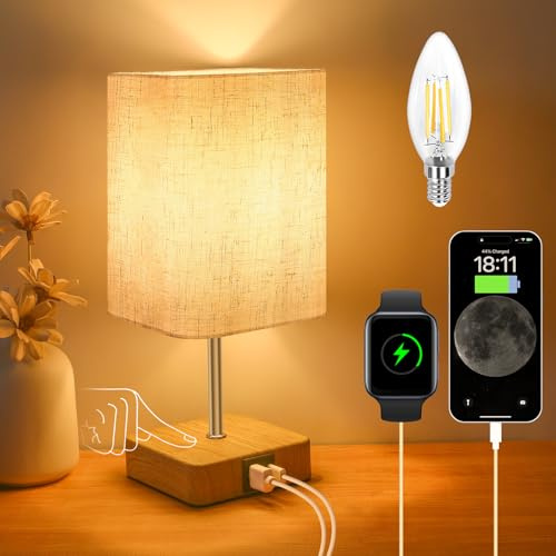 Touch Control USB Table Lamp, Dimmable Nightstand Lamps with USB Charging Ports, Small Touch Lamp with Wood-grain Base & Beige Fabric Shade for Bedroom, Living Room, Children's room, Bulb Included
