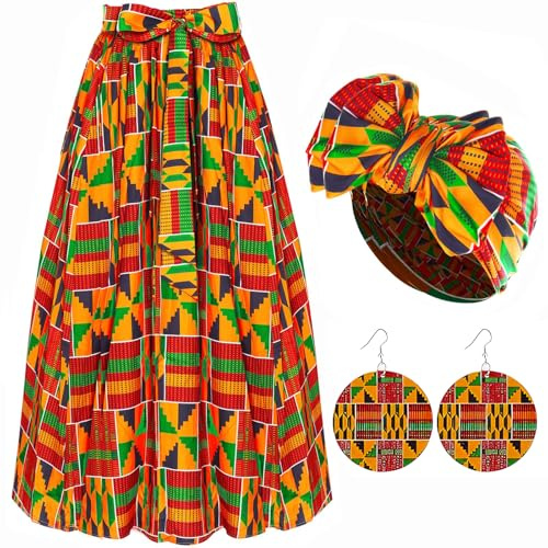 Jupes africaines pour femme 3 pièces maxi décontractée Dashiki, jupe traditionnelle taille haute, costume Ankara bohème, écharpe enveloppante extensible