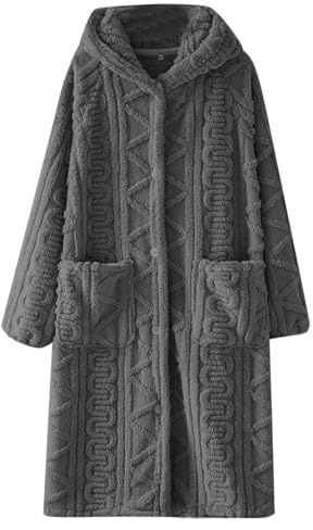 ANHATUIV Albornoces para mujer, de forro polar, albornoz con capucha y bolsillos, jersey de punto trenzado, albornoces, cierre de botones, pijama, invierno, cómodo, ropa de dormir, de felpa, bata de