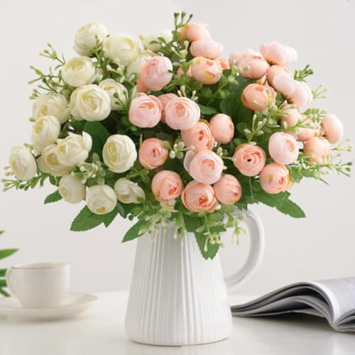 KARLOR Konstgjord bukett med blommor, 2 buntar vardera, vår konstgjorda blommor te ros pioner vit champagne konstgjorda blommor som äkta hem bröllop blommor dekoration (champagne och vit)