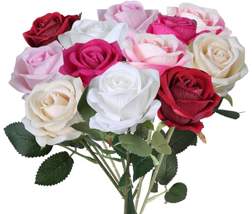Yuqinlin 12 Piezas Rosas Artificiales 50x6cm Tallo Largo de Flores Artificiales para Boda Flores Decorativas realistas para el Hogar Jardín y Decoración de Bodas (Colores Mixtos)