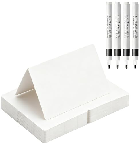 BetterJonny 54 PCS Paper Price Tags Set, Food Labels for Buffet, Folded Cardstock Card with Pen, White Reserved Table Top Sign, for Cheese Cake Board Signs/Craft Stall Display Stand Cards Tags