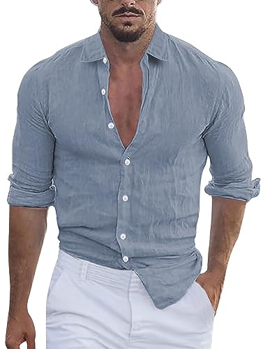 Slim Fit, Camicia Uomo No Stiro Slim Fit Elasticizzata Camicie Botton Down Lino Leggera Henley Shirts Estiva Elegante Tinta Unita da Cerimonia Ufficio Formal Grigio, S