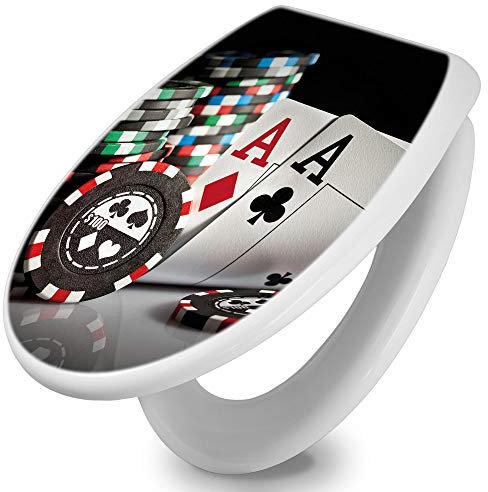 banjado Toilettendeckel mit Absenkautomatik 44,5x37cm / WC Sitz mit Absenkautomatik/Toilettensitz Duroplast mit Edelstahl Scharnieren/Klodeckel mit Absenkautomatik Motiv Poker