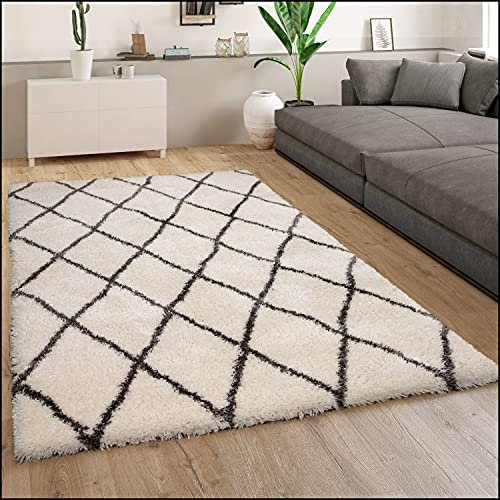 Paco Home Teppich Wohnzimmer Hochflor Schlafzimmer Weich Shaggy Flokati Rauten Skandi Muster Modern Creme Weiß, Grösse:200 cm Quadrat