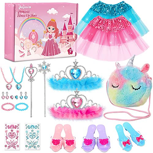 Jojoin Chaussures de Princesse Fille - Déguisement Accessoires avec 3 Paires Chaussures, 1 Licorne Sac, 2 Jupes, Bijoux pour Carnaval, Halloween, Cadeau Noël, 3-6 Ans, Rose, Bleu, S