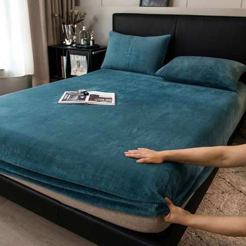 Boqingzhu Flauschige Plüsch Spannbettlaken 90x200cm Petrol Blau Fleece Flanell Cashmere Touch Spannbetttuch Winter Kuschelig Bettlaken für 25 bis 30cm Matraze