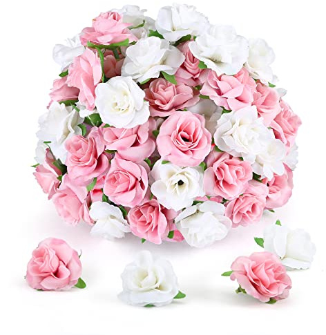 Yinsun 50pcs Mini Roses, 1.57 Silk Artificial Flower Heads, Pink and White