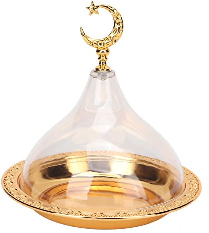 Asixxsix Eid Mubarak Tortenplatte, Servierplatte mit Transparenter Acrylkuppel, Goldene Vintage-Prägemuster, Edelstahl-Servierplatte, Dekorative Tortenplatte für Zuhause, Party, Café