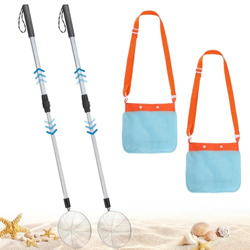 2 Pack Sand Sifter with Seashell Bags - 21.6~33 Adjustable Shark Tooth Sifter for The Beach Seashell Collecting, Mesh Shovel Scooper with Retractable Handle, Beach Toys for Adults Family Kids