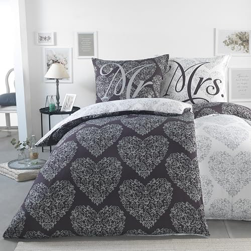 BaSaTex Microfaser Partner Bettwäsche mit Wendemotiv | 2X 135x200 Bettbezug + 2X 80x80 Kissenbezug | Mikrofaser Bettwäsche Set 4 teilig für Paare | Design: Ornaments Hearts