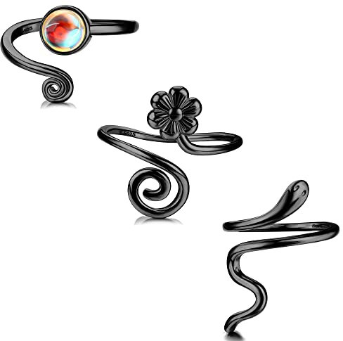 Sllaiss 3 Stücke Zehenringe Damen 925 Silber Schwarzer Zehenringe Offener Verstellbar Ring Schwarze Blume Schlange Kühl Auserlesen Sommer Strand Zehenring Set Fingerring Fußschmuck (schwarz)