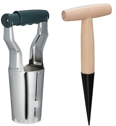 Relaxdays Blumenzwiebelpflanzer im Herramientas para Plantar Bulbos, Set 2, Pico y Plantador, Sembrar Semillas Flores, Metal y Madera, Multicolor, 23 x 11,5 x 8 cm