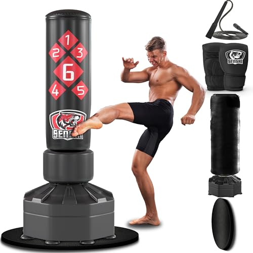 Senshi Japan 6ft Free Standing Punch Bag, 150KG (Filled) Kit Bundle Kickboxing Muay Thai MMA Heavy Pedestal Bag Floor Standing (6Ft Punch Bag Bundle + Floor Mat)