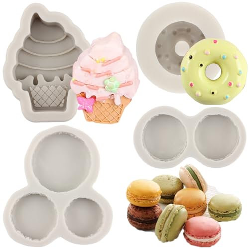 MYPRACS Ice Cream Donut Silicone Moulds Macaron Fondant Moulds for Cupcake Topper Cake Decorating Chocolate Candy Polymer Clay Gum Paste Set of 4