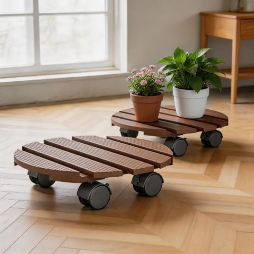 FIVMEN Växtroller rund 2 x rullbräda växter WPC blomrulle 30 cm blomkruka underlägg med hjul utomhus MAX. 100 kg, brun