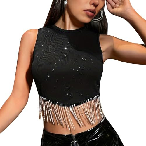 Odizli Crop Tops Damen Elegant Sexy Y2K Sommer Ärmellos Glitzer Strass Fringe Bauchfreie Gerippte Tank Oberteil Tanktop Teenager Mädchen Festival Rave Techno Pole Dance Party Outfit Schwarz-Glitzer S