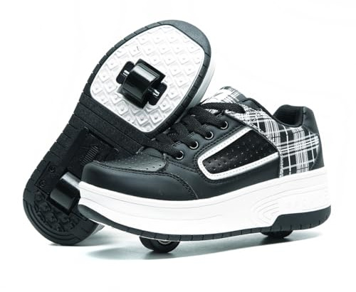 Pojkar Flickor Automatiska 2 Hjul Skateboardskor, Rullskor för Barnskor med Dubbla Hjul, Utomhus Fitness Sneakers, Svart-Vit, 33 EU