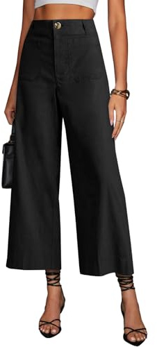 miduo Womens Fashion Loose Button High Waisted Zipper Cropped Wide Leg Straight Leg Capris Pants with Pockets Black 30