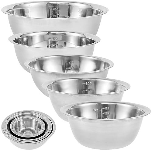 NZWBSHSSP Set of 5 Stainless Steel Mixing Bowl 500ml/800ml/1550ml/ 2100ml/2600ml 5 Sizes Soup Basin Salad Bowl with Measurement Markers Space Saving Nesting Bowls Dishwasher Safe for Kitchen Cooking