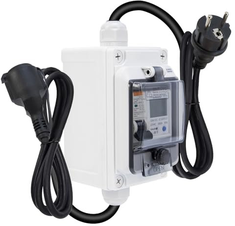 Compteur Électrique, Compteur de Consommation Électrique avec RCBO/Réinitialisation, IP67 Étanche 2.5 mm² Câble Compteur d'Électricité Portable Numérique Mobile pour Bateau/Camping-Cars/Camping-Cars