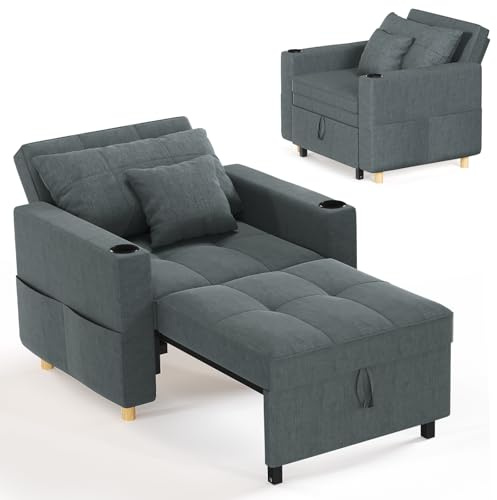 YODOLLA Schlafsofa 97cm Extrabreit, 3-in-1 Schlafsessel mit Bettfunktion, Verstellbarer Rückenlehne, Getränkehalter, Schlafcouch Einzelsessel mit Bettkasten&Schlaffunktion für Wohnzimmer, Dunkelgrau