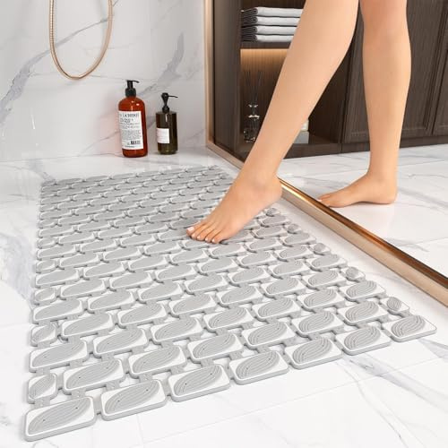 XIYUNTE Shower Mats Non Slip Anti Mould for Elderly - Soft Non Slip Shower Mats for Inside Shower, Anti Slip Bath Mat with Powerful Suction Cups and Drain Hole, Machine Washable, 70x40cm, Grey