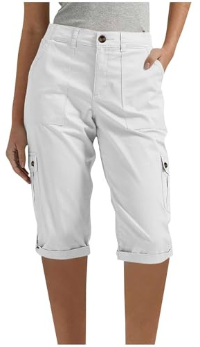 RLEHJN Womens Cargo Shorts Warehouse Clearance, Ladies Knee Length Shorts Cargo Capri Pants with Multiple Pockets Summer Back Half Elasticated Waist Cropped Trousers for Hiking Work Travel Golf White