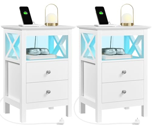 Yaheetech Set med 2 sovrum sängbord med laddningsstation och justerbar LED-belysning soffbord med 2 lådor och 1 öppen hylla för vardagsrum vit